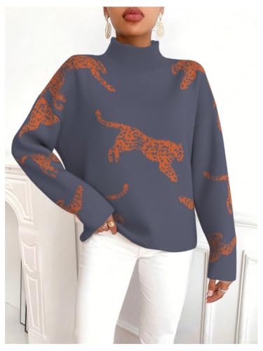 Image of WDIRARA Women's Leopard Tiger Print Sweater High Neck Long Sleeve Fuzzy Knitted Pullover Top