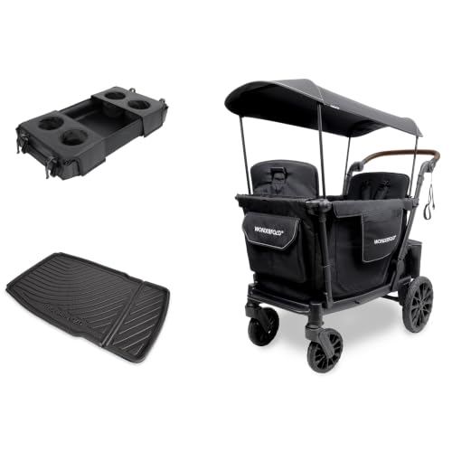 WonderFold L2 Bundle - 2-Seater Stroller Wagon with All-Weather Floor Mat and Flex Snack Tray, Safety-Certified with 5-Point Harnesses - Black