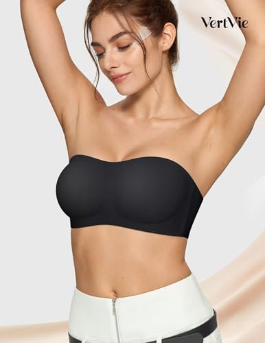 Image of Vertvie Push Up Strapless Bra for Women Non-Slip Wireless Bandeau Bras Padded Tube Top Supportive Bralette(Black,Large,Plain Jersey)