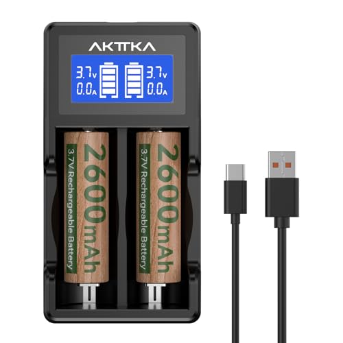2 baterías Recargables, 3,7 V, 2600 mAh (con Cargador de 2 Ranuras) – con botón Superior, aptas para linternas LED, Faros Frontales, Juguetes y Dispositivos electrónicos de bajo Consumo energético