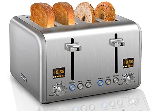 Seedeem 4 Slice Toaster, Stainless Steel Bread Toaster With Colorful Lcd Display, 7 Bread Shade Settings, 1.5'' Wide Slots Toaster With Bagel/Defrost/Reheat Functions, Removable Crumb Tray, Silver Metallic, 1800W #TOP16
