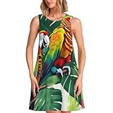 Caractéristiques : robe sans manches à imprimé de fleurs tropicales et perroquet, robe à col rond, robe débardeur avec deux poches latérales, robe de soleil fluide et fluide. Les larges bretelles dissimulent non seulement les bretelles de soutien-gorge, mais dispersent également la pression sur les épaules, élégantes et libres.