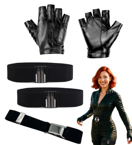 Swooflia 4 PCS Widow Halloween Costume Accessories Women - Costume Outfit Cosplay Party Accessories Set for Women, Black Half Finger Glove Belt Leg Straps Pin
