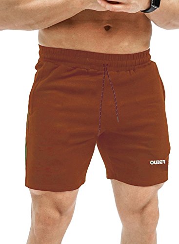 Ouber Men's Gym Workout Shorts Fitted Running Casual Bodybuilding Shorts with Zipper Pocktes (Brown,XL)