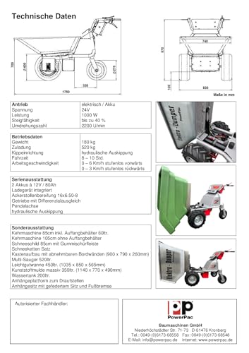 DAS ORIGINAL – MADE IN GERMANY – POWERPAC MCE400 mit 110ltr. Mulde – AKKUSCHUBKARRE ELEKTROSCHUBKARRE SCHUBKARRE DUMPER MOTORSCHUBKARRE - 6