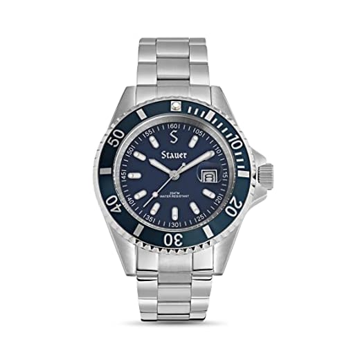 Stauer Excursion Stainless Steel Dive Watch for Men – Blue-Dial Analog Watch w/Stainless Steel Bracelet – 20 ATM Waterproof Watch – Precision Movement Sports Watch – Luxury Gift for Men