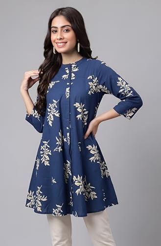 Image of Janasya Women's Pure Cotton Floral Printed Flared Tunic