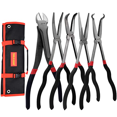 Image of TOOLEAGUE 5Pcs Extra Long Needle Nose Pliers Set, 11 inch Long Reach Straight,45 /90 Degree Bent Nose,Diagonal Pliers and O-shape Tip Craft Repairing Tool