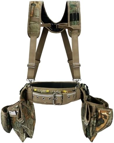 KUNN Professional Tool Belt with Suspenders for Men, Heavy Duty Framing Tool Belts with Detachable Padded Suspenders & Multi-Pocket Pouch for Carpenters, Construction, Electricians, Roofing,Camo