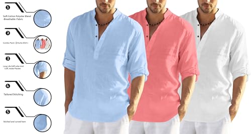 Image of Zombom Combo of Men's Solid Cotton Polyester Blend Full Sleeve Mandarin /Chinese Collor Straight Kurta Shirt (Pack of 3)
