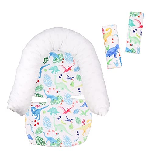 Baby Carseat Headrest and Strap Covers, Dinosaur Minky Infant Strollers Head Support & Seat Belt Cover, Toddler Strollers Headrest and Neck Cover, Car Accessories for Newborn Boys Girls