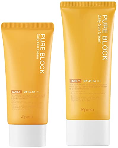 A'PIEU Pure Block Daily Sunscreen Cream SPF45/PA+++ 1.69 fl oz + 3.38 fl oz Bundle | Non-Greasy No White Cast Korean Sunscreen for Face