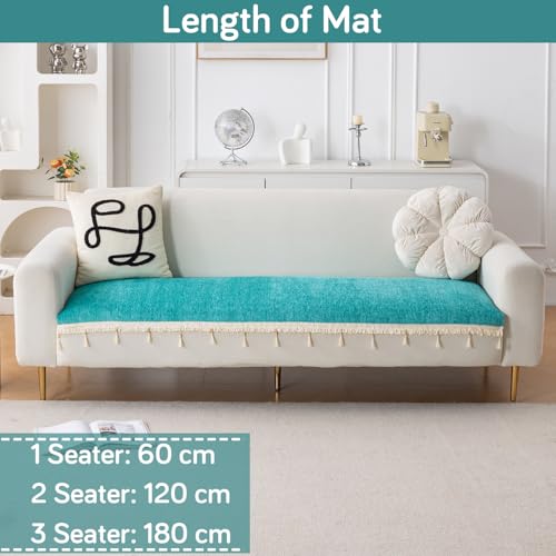 Image of HOKIPO 'Serenity Tassel' Chenille 3 Seater Sofa Cover with Tassel - Ocean Teal (IN-892-SBL)
