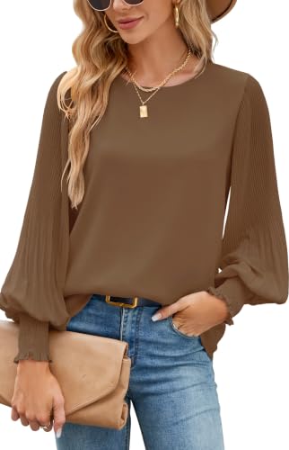 Image of Aifer Womens Tops Dressy Casual Long Sleeve Shirts Chiffon Blouses | Sheer Pleated Lantern Sleeves, Crew Neck, Back Keyhole, Versatile, Ideal for Office Workwear, Daily Outfits, Party Looks
