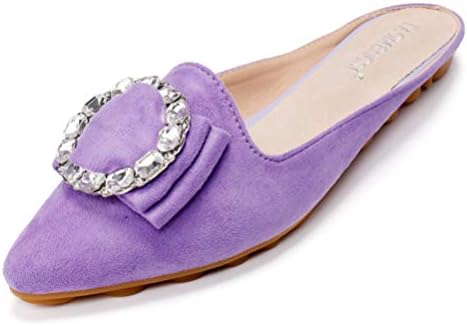 Women's Pointed Toe Rhinestone Mules Shoes Slip on Comfortable Suede Backless Walking Slipper Casual Mules for Women Flats Purple Size 7.5