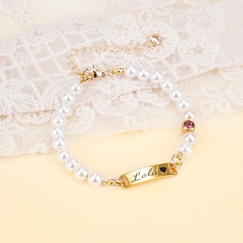 Personalized Name Baby Girl Bracelet 18K Gold Kids Pearl Bracelets Custom Name ID Plate Protection Bracelet for Children Toddler from Mom, Engraved Name for Daughter, Baptism Gifts for Girls2