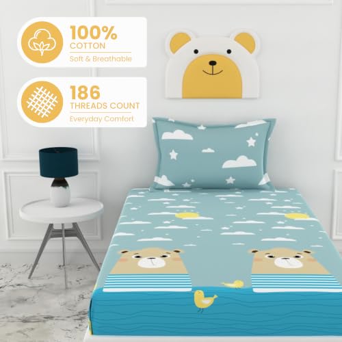 Image of LORETO - A QUALITY LINEN BRAND 186 TC 100% Pure Cotton Single Fitted Bedsheet with 1 Pillow Cover for 78 x 36 Inch Mattress, All-Around Elastic, 8 Inch Deep Pocket, Aqua Blue Bear & Duck