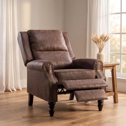 Image of Leather Recliner Chair, Pushback Recliner Chair with Adjustable Backrest Footrest, Mid Modern Reclining Chairs with Overstuffed Arms Lumbar Support for Reading, Living Room, Drak Brown