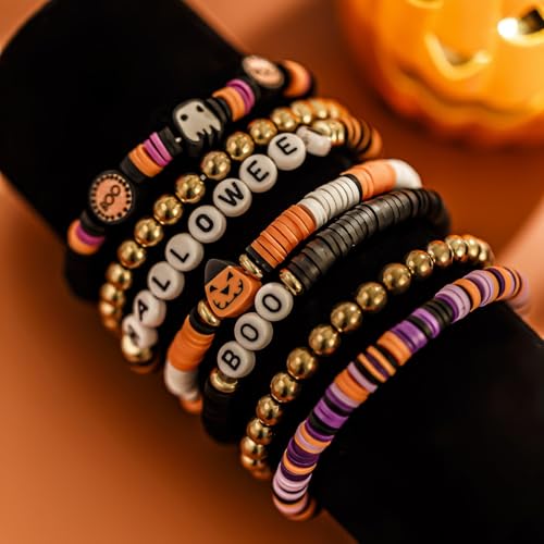 Beaded Bracelets for Women Stackable Pumpkin Charm Bracelet Set Ghost Stretch Bracelets Halloween Party Bracelets for Hand Accessories Jewelry(7 PCS)3