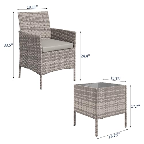 Image of GAOMON 3-Piece Patio Furniture Set, Modern PE Rattan Conversation Set with 2 Chairs & Tempered Glass Coffee Table, All-Weather Outdoor Seating for Garden, Porch, Balcony, Poolside, Grey /Light Grey