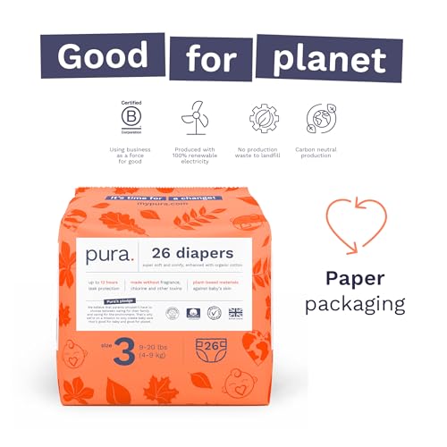 Image of Pura Hypoallergenic Diapers, Size 3 (9-20 lbs) Monthly Pack, Overnight, up to 12 Hours Leak Protection, Suitable for Sensitive Skin, TCF, Super Soft Organic Cotton, 6 Packs of 26 (156 Baby Diapers)