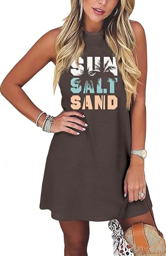 Image of Sun Salt Sand Coconut Tree Tank Mini Dress for Women Sleeveless Beach Praty Shirts Summer Vacation Short Mini Dresses