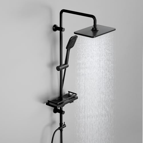 Florenta Regendusche Duschsystem ohne Armatur, Duschset mit Edelstahl Duschstange, Duschsäule mit ABS Duschablage, Kopfbrause, Handbrause Mattschwarz (T-3020MB+AB)