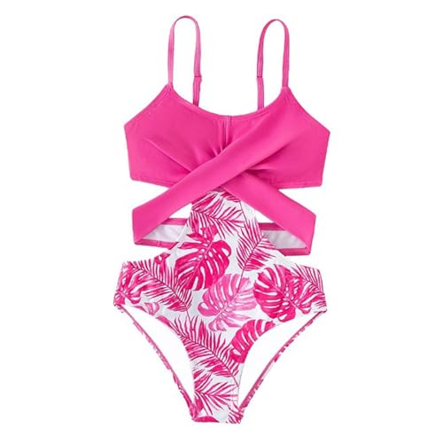 Hotfiary Girls One Piece Swimwear Criss-Cross Front Tropical Print Bathing Suit Quick Dry Cut-Out Swimsuit Summer Beachwear