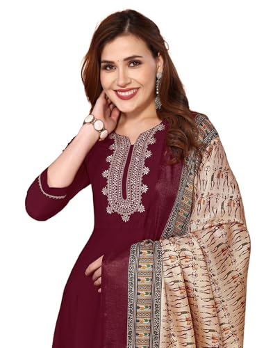 Image of SKYLEE Women's Printed & Gota Lace Cotton Silk Anarkali Kurta Set with Dupatta