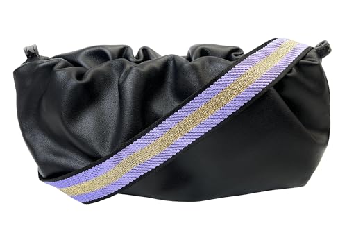 Image of Purple and Gold Thread Stripe Webbing Purse Strap with Gunmetal Black Hardware 1-1 /2 Inch Wide Replacement Crossbody Guitar Style Adjustable Shoulder Strap for Handbags Totes