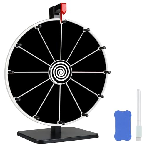 Pionites 12 Inch 12 Slots Prize Wheel Tabletop or Wall Mount Fortune Spin with Dry Erase Marker and Eraser for Engaging Home Parties Trade Show Carnival Events (1212Slots Black)