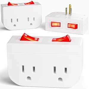 3Pack – POWAWINI Grounded Outlet with Double On Off Switch, Two Port Electrical Outlet Plug Switch, Wall Tap Adapter with Daul Red Indicator, 1875W,15A, ETL Listed, White