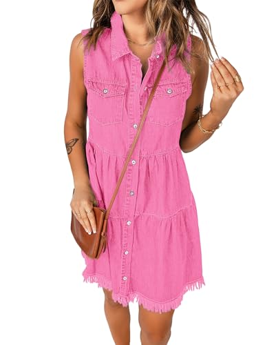 Image of luvamia Women's Casual Summer Lapel Sleeveless Button Down Short Denim Jean Dress