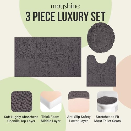 Image of Standard 3pc Set Chenille Bath Mats, Includes 21 inchx24 inch U-Shaped Contour Toilet Rug, 21 inchx34 inch Inches Bathmat and 1 Toilet Lid Cover, Plush Absorbent Bath Mats Quick Dry, Chocolate Brown