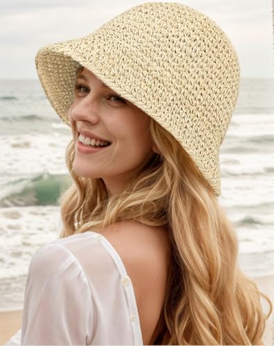 Image of Womens Floppy Straw Sun Hat Packable Wide Brim Summer Beach Hat Foldable Crochet Bucket Hats