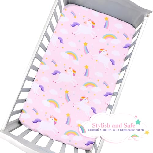 Image of UOMNY Crib Sheet for Girls Unicorn Fitted Baby Crib Sheets for Standard Crib Mattresses Soft Toddler Bed Sheet Pink 28x52 Inch