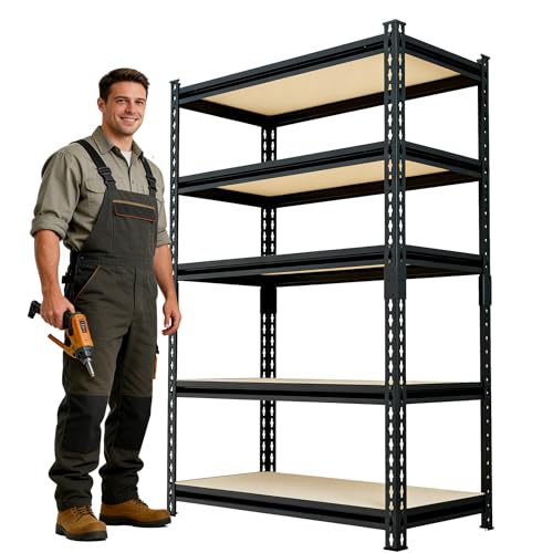 SYLOUGH 60" H x28 W x12 D: Father&I 5-Shelf-Storage-Rack Metal+Wood Garage/Kitchen Pantry Shelves Steel Utility Stand Shelving Unit Adjustable Heavy-Duty Shed Closet/Attic/Laundry Organizer, Black