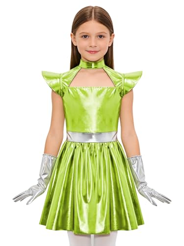 Disfraz de niña alienígena metálico con guantes