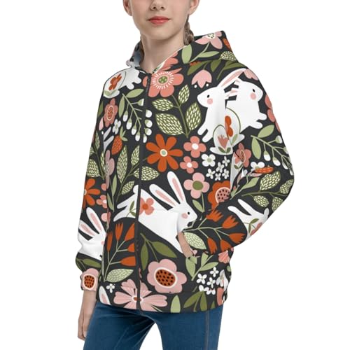 Rabbits on Floral Kid Hoodies Boys Zip Up Sweatshirts Girls Pullover with Pocket