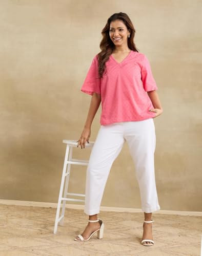 Haut en coton rose vêtement été col V texture Dobby - 5
