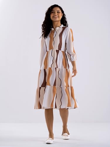 Image of AASK Women Diamond Creap Striped Printed Mandarin Collar Fit & Flare Dresss
