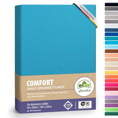 leevitex® Premium Spannbettlaken 90x200-100x220 cm - 40 cm Steg - auch für Boxspringbett & Wasserbett | 100% Mako-Jersey-Baumwolle | ÖKO-TEX | 170g/m² | Türkis/Ocean