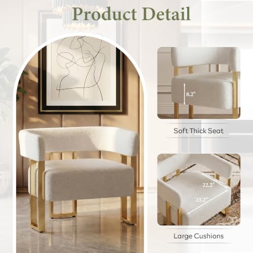 Image of Modern White Boucle Accent Chairs Set of 2, Barrel Chairs for Living Room | STHOUYN Bedroom Armchairs, Curved Barrel Design, Soft Boucle Upholstery, Gold-Tone Legs, Wide Seats, Small Space Office