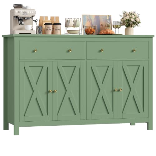 FirFurd 140cm Aparador Cocina Mueble Auxiliar de Cocina 2 Cajones 4 Puertas | Aparadores para Salón, Aparador Armario Comedor Grande, Estantes Ajustables, Verde, 140x40x89cm
