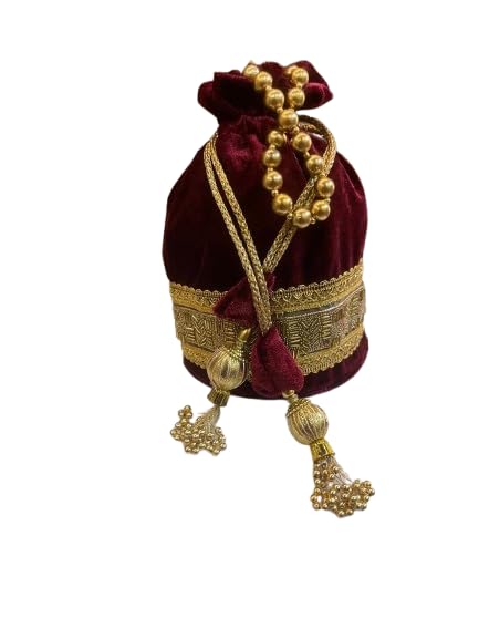 Maroon Velvet Potli Bag with Gold Bead Handle, Embroidered Border and Tassel Drawstring, Traditional Indian Clutch-image-8