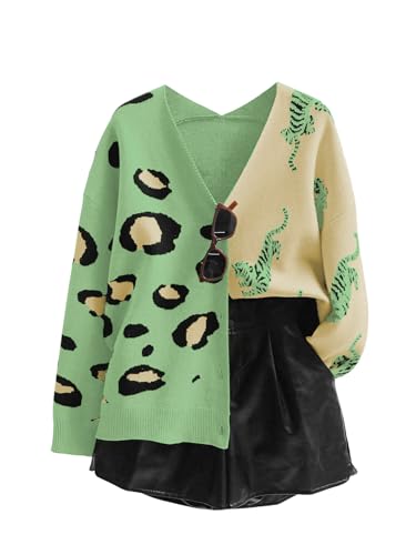 Image of WDIRARA Women's Leopard Tiger Print Cardigan V Neck Long Sleeve Color Block Button Down Sweater Outwear