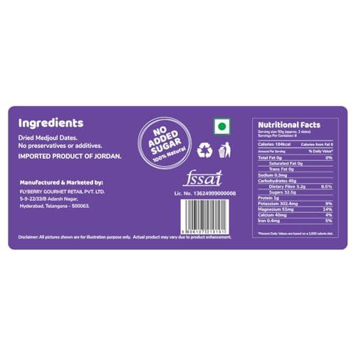 Image of Flyberry Gourmet Jumbo Medjoul (Medjool) Dates | Rich Source of Potassium & Iron | No Added Sugar or Preservatives | Low GI Energy Snack | Khajoor | Khajur | 500 g (Pack of 2)