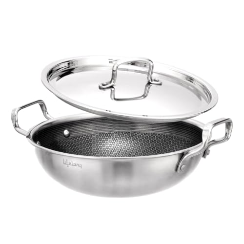 Image of Lifelong Triply Honeycomb Kadhai 26 Cm for Kitchen | Extra Deep Stainless Steel | 3-Layered Nonstick Coating | 2.5mm Thick | Scratch-Resistant | Even Heating with Less Oil | Gas & Induction Compatible