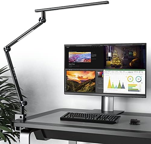 Arteasy LED Desk Lamp, Desk Light for Home Office, Dual Light Source 18W Brightest, Eye-Caring Optical Lens, Office Lamp, 5 Color Modes & Brightness, Aluminum Alloy Clip on Lamp, Clamp Lamp, Black