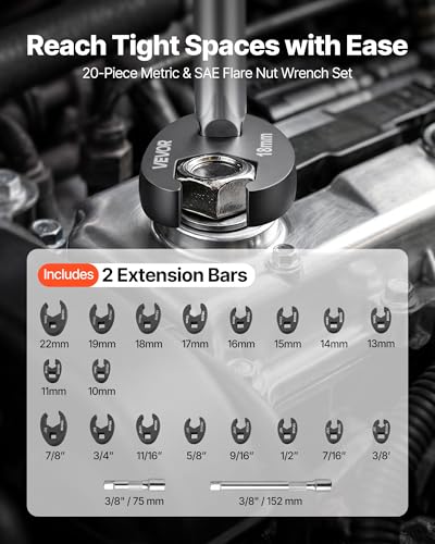 Image of VEVOR Crowfoot Wrench Set, 3 /8 inch Drive, 20-Piece Metric and SAE Size Flare Nut Crows Foot Wrenches, with Storage Case, Dual Size Markings on Tools and Case, for Auto Maintenance